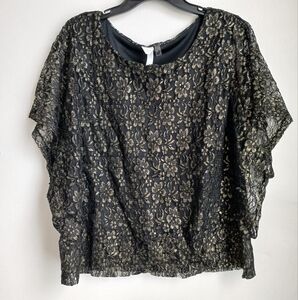 NY Collection Women's Floral Lace Blouse Black and Gold Boxy Size 2X New